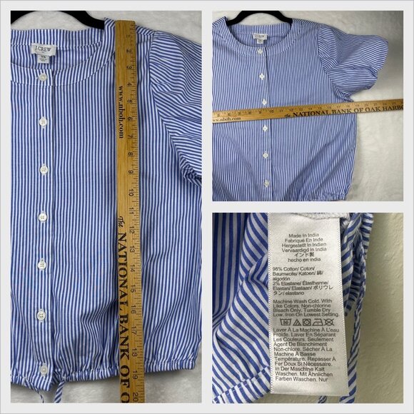 J.Crew Women’s Striped Blouse Puff-Sleeve Tie-Waist Top Banker Blue Sz XS NWT - Picture 10 of 11